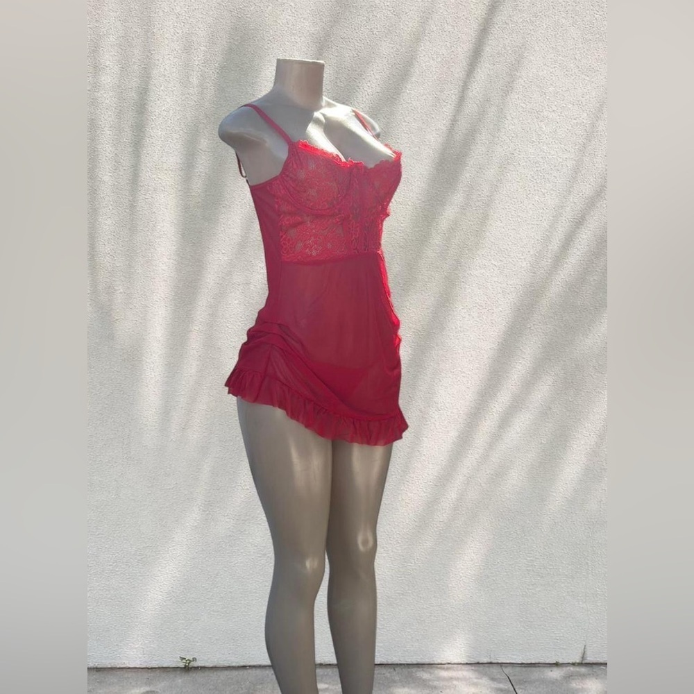 Red Lace Sheer Mini Dress ❤️ Ruffle Hem Slip / Lingerie Style - Picture 4 of 6